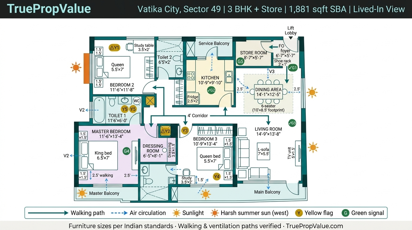 Vatika City 3BHK Lived-In View — TruePropValue Floor Plan Analysis